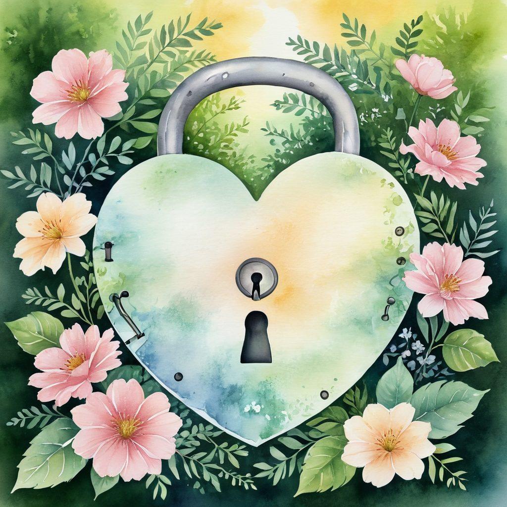 A serene scene depicting a heart-shaped lock surrounded by a gentle embrace of nature, symbolizing love and security. The background features soft, pastel colors of a sunset, while subtly integrated documents and policies flow gracefully around the lock, representing protective measures for the heart. A warm, inviting ambiance infuses the image. watercolor style. soft tones. 3D elements.