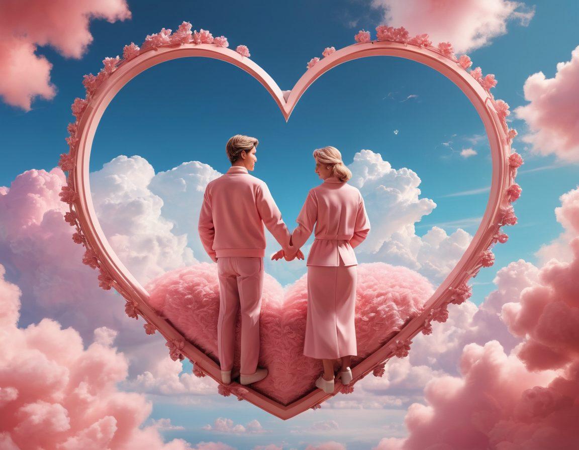 An artistic blend of romance and insurance imagery; a couple holding hands in a heart-shaped insurance policy, surrounded by soft clouds symbolizing emotions, with faint gears and paperwork in the background representing the insurance world. The colors should evoke warmth and connection, with blues and pinks intertwining to create a calming atmosphere. super-realistic. vibrant colors. soft focus.