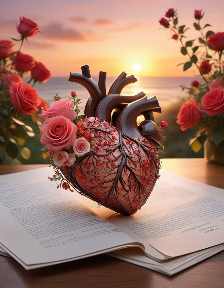 A heart made of intricate insurance documents, entwined with roses and romantic elements, symbolizing the connection between love and protection. In the background, a soft sunset casts a warm glow, highlighting the importance of caring for one’s heart and relationships. The overall composition evokes a sense of safety and romance. super-realistic. vibrant colors. soft focus.